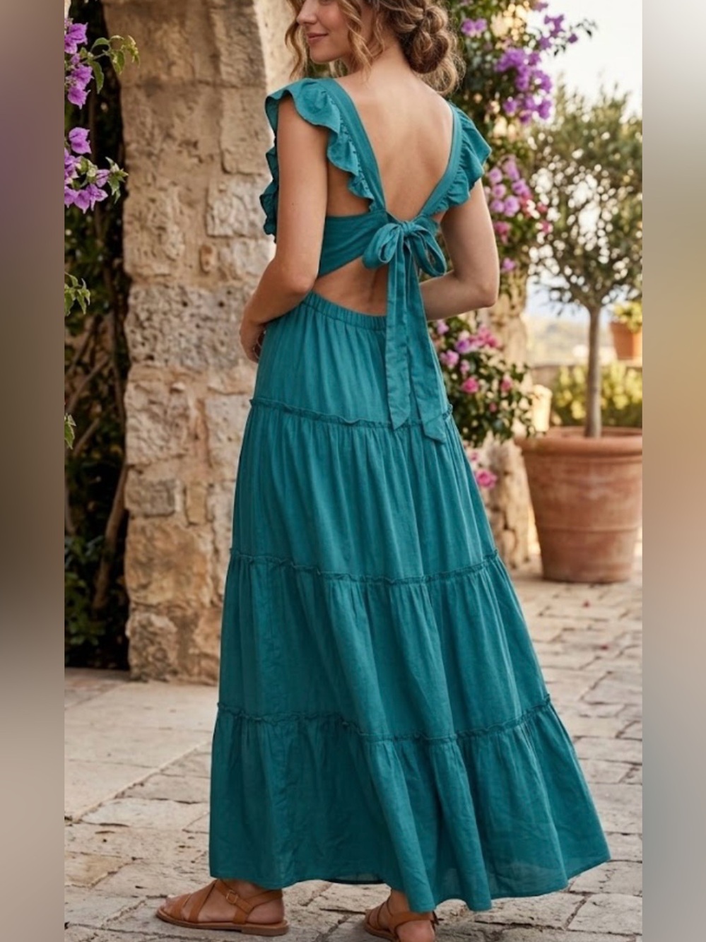 Beyond Words Teal Tiered Maxi Dress with Tie Back 
Sz S